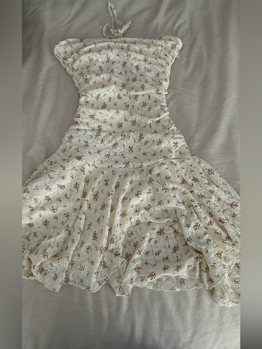 Smocked Floral Mini dress Cream with Pink Accents. Built in shorts